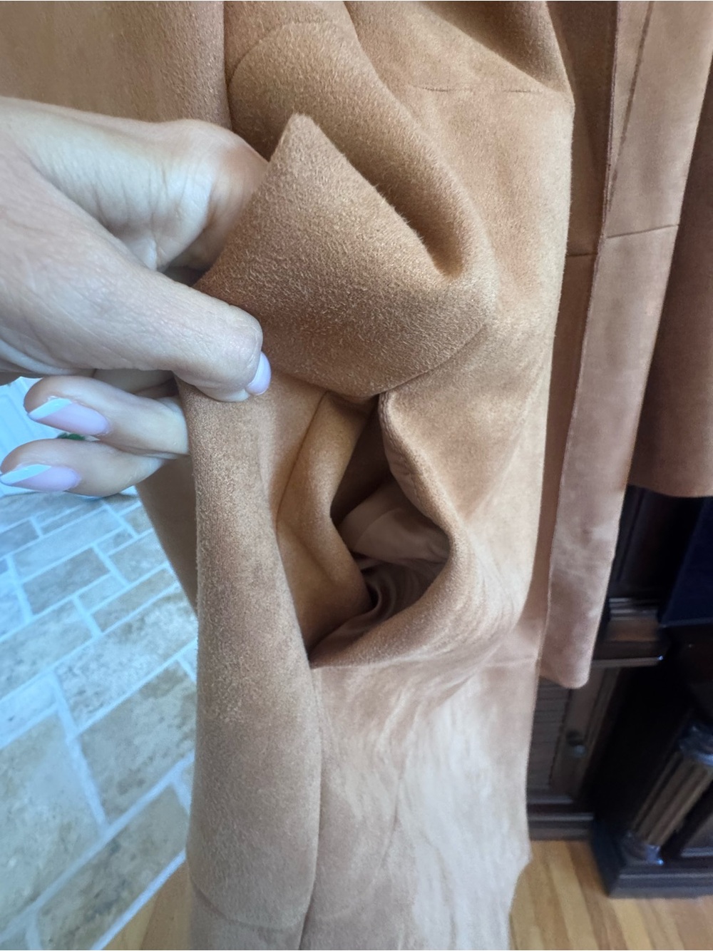Zara Basic Camel Faux Suede Open Front Long Coat Size Large - Picture 5 of 6